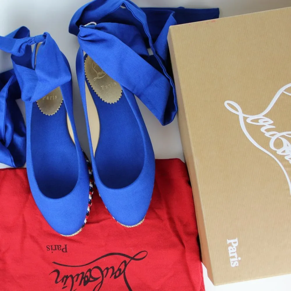 NEW Christian Louboutin Espadrilles Flats with Ribbon Ties, Canvas, Blue, EU 37